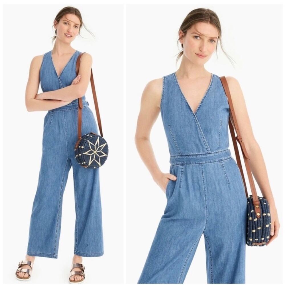 J. Crew Point Sur Wide Leg V-Neck Sleeveless Tailored Denim Indigo Jumpsuit Sz 8